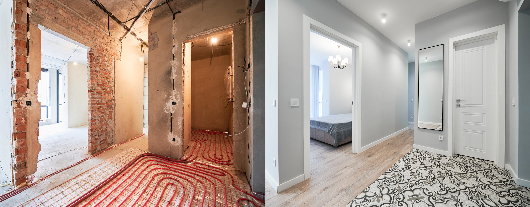 Apartment with underfloor heating before and after renovation.